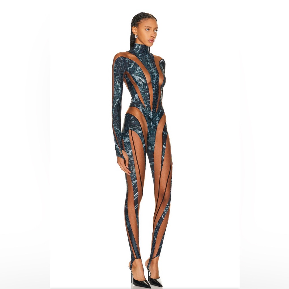 New Mugler Long Sleeve Jumpsuit in Warped Snake Black & Nude 02 FWRD - Picture 7 of 8
